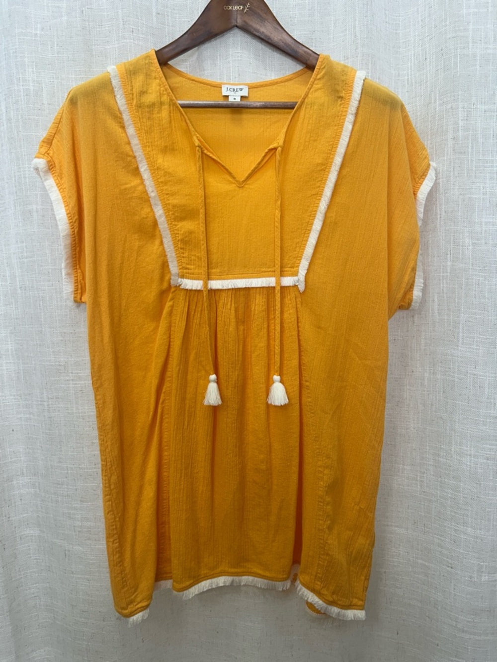 J. Crew Yellow Tassel V-Neck Swimsuit Cover-Up Tunic with Cream Trim Size Small
